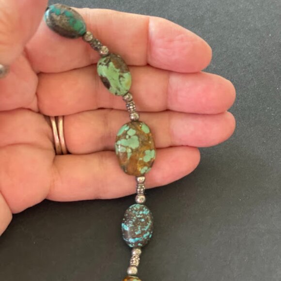 Turquoise Stone Bead Oval Nugget Sterling Silver Bracelet Hand Crafted Chunky - Picture 2 of 9